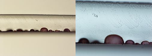 ▲하이드로겔 소재 컬러렌즈의 색소층 단면 사진 (왼쪽 20배, 오른쪽 50배, 사진제공: 안광학융합기술사업단, 대구가톨릭대학교)